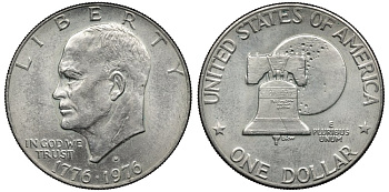 США 1 доллар 1976 D, 200 лет независимости, Президент Эйзенхауэр, колокол, тип II KM 206 медь плакированная медно-никелем 4558-1214