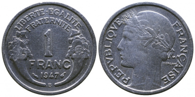 ФРАНЦИЯ 1 ФРАНК 1947 B KM 885a.2 алюминий 4381-514
