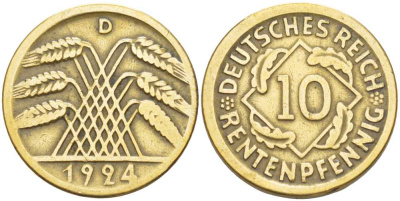 ГЕРМАНИЯ 10 РЕНТЕНПФЕННИГОВ 1924 D KM 33, J. 309, Weege 8 алюминиевая бронза 212-752
