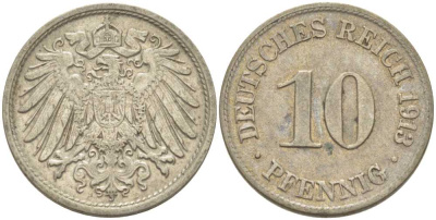 ГЕРМАНИЯ 10 ПФЕННИГОВ 1913 D KM 12, J. 13, Weege 8 медно-никель 212-234