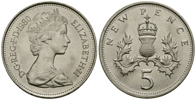 Великобритания 5 пенсов 1980 Елизавета II (1952-2022) KM 911, Spink 4233 (D1) медно-никель 4538-232