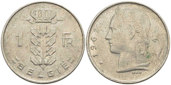 БЕЛЬГИЯ 1 ФРАНК 1967 BELGIE, БОДУЭН I (1951-1993) KM 143.1 медно-никель 119-614