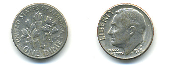 США 10 ЦЕНТОВ = 1 ДАЙМ 1976 D, РУЗВЕЛЬТ KM 195а медь плакированная медно-никелем 89-533