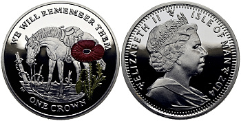Остров Мэн 1 крона 2014 в память героев первой мировой войны, одинокая лошадь, красный мак KM NEW серебро, эмаль  PROOF 1071-3-14