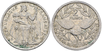 Французская Новая Каледония 2 франка 1989 птица кагу, (IEOM) KM 14, Schoen 11, Lec 65 алюминий    27-1112