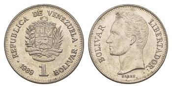 Венесуэла 1 боливар 1989 Симон Боливар, тонкий шрифт Y 52a.1 сталь плакированная никелем 4589-947