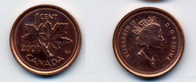 Канада 1 цент 2001 Елизавета II (1952-2022), кленовый лист KM 289 сталь плакированная медью 54-168