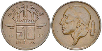 БЕЛЬГИЯ 50 САНТИМОВ 1955 BELGIQUE, БОДУЭН I (1951-1993) KM 144 бронза 214-446