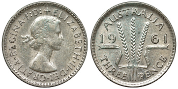 Австралия 3 пенса 1961 m, Елизавета II (1952-2022) KM 57 серебро 71-766