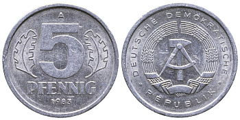 ГДР 5 ПФЕННИГОВ 1983 A КМ 9.2 алюминий 26-852