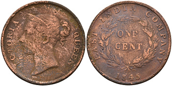 Стрейтс-Сетлментс 1 цент 1845 Виктория (1837-1901), Ост-Индская компания KM 3 медь 4590-223