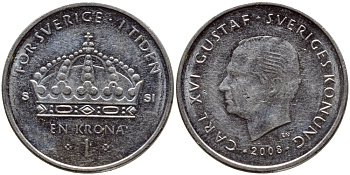 Швеция 1 крона 2008 Карл XVI Густав (1973- ) KM 894 медно-никель 259-211