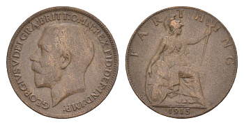 Великобритания 1 фартинг 1915 Георг V (1910-1936) KM 808.1, Spink 4059 бронза 4658-941