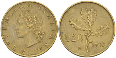 ИТАЛИЯ 20 ЛИР 1957 R, ДУБОВЫЙ ЛИСТ KM 97.1 алюминиевая бронза 113-1245