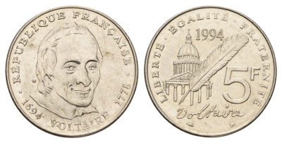 Франция 5 франков 1994 300 лет со дня рождения Вольтера KM 1063, Le Franc 344.2 никель UNC 4675-245