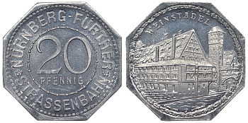Германия, Нюрнберг - Фюрт 20 пфеннигов ND трамвайный жетон, винзавод алюминий UNC 4119-715