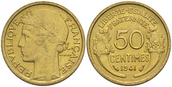 ФРАНЦИЯ 50 САНТИМОВ 1941 ТИП MORLON KM 894.1, LE FRANC 192.18 алюминиевая бронза 44-614