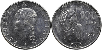 Италия 100 лир 1979 R, FAO, корова с теленком KM 106 нержавеющая сталь 4165-114