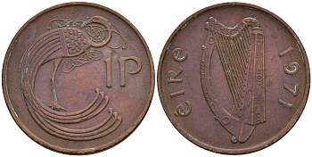 Ирландия 1 пенни 1971 мифологическая птица лира KM 20 бронза 4141-225
