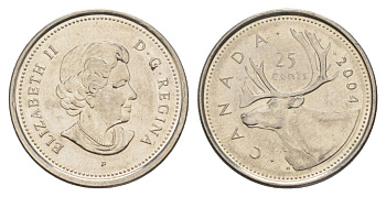Канада 25 центов 2004 P, Елизавета II (1952-2022), олень KM 493 сталь плакированная никелем aUNC 4631-715