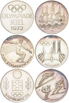 ФРГ красочный набор из 3 медалей посвященных Олимпиадам 1972 года в Мюнхене и Саппоро, а также олимпийскому соревновая по парусному спорту проходимшим в городе Киль 1972 диаметр 35 мм, вес 15,1 гр серебро PROOF 8-2-05-37