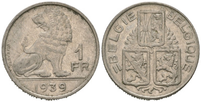 Бельгия 1 франк 1939 Belgie - Belgique KM 120 никель 4618-728