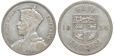 Фиджи 1 флорин 1934 Георг V (1910-1936), герб Фиджи KM 5 серебро    91-1136