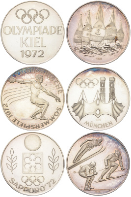 ФРГ красочный набор из 3 медалей посвященных Олимпиадам 1972 года в Мюнхене и Саппоро, а также олимпийскому соревновая по парусному спорту проходимшим в городе Киль 1972 диаметр 35 мм, вес 15,1 гр серебро PROOF 8-2-05-37