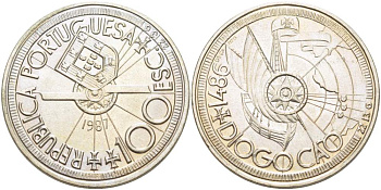 Португалия 100 эскудо 1987 серия золотой век португальских открытий, Диогу Кан (1440-1486) KM 641 медно-никель UNC 4184-1121