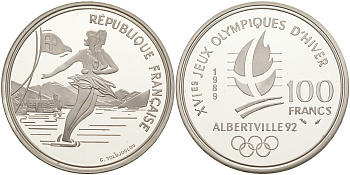 Франция 100 франков 1989 XVI Зимние Олимпийские игры 1992 в Альбервиле, парное фигурное катание KM 972 серебро PROOF 1074-7-11