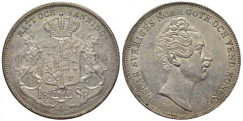 Швеция 1 риксдалер 1848 Оскар I (1844-1859) KM 667, Ahlstroem 29, Dav. 354 серебро aUNC 10-016-20