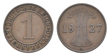 Германия 1 рейхспфенниг 1927 A KM 37, J. 313 бронза 4644-1036