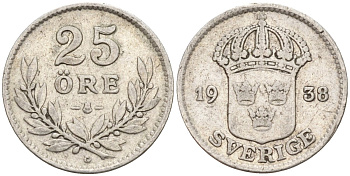 Швеция 25 эре 1938 G, Густав V (1907-1950) KM 785 серебро 4147-944