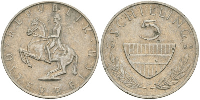 Австрия 5 шиллингов 1980 KM 2889a медно-никель 4579-347