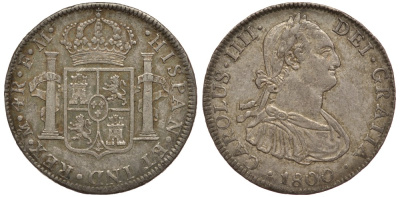 Мексика 4 реала 1800 FM, монетный двор (Мехико Сити), Карл IV Испанский (1788-1808), красивая золотистая патина, KM 100 серебро 00-802-11