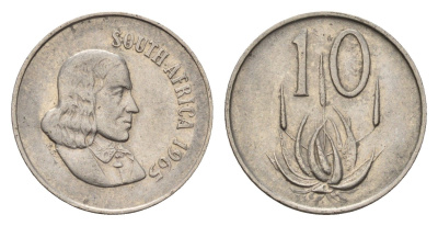 ЮАР 10 центов 1965 Ян ван Рибек (1619-1677), South Africa, легенда на африкаанс, цветок алоэ KM 68.1 никель 4687-323