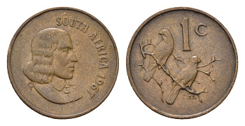 ЮАР 1 цент 1967 Ян ван Рибек (1619-1677), South Africa, легенда на африкаанс, капские воробьи KM 65.1 бронза 4690-1153