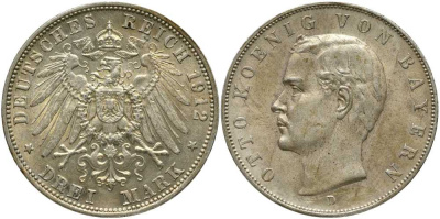 Бавария 3 марки 1912 D, король Баварии Отто (1886-1913) KM 516, J. 47, Weege 45 серебро 633-811