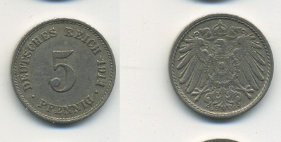 Германия 5 пфеннигов 1911 G KM 11, Jager 12, Weege 6 медно-никель 23-1434