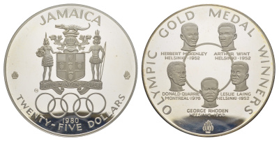 Ямайка 25 долларов 1980 Олимпийские чемпионы, в оригинальной упаковке KM 88 серебро PROOF 8-2-07-06