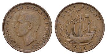 Великобритания 1/2 пенни 1944 Георг VI (1936-1952) KM 844, Spink 4115 бронза 4519-227