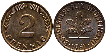 ФРГ 2 ПФЕННИГА 1967 G KM 106, Jager 381 бронза 4546-945