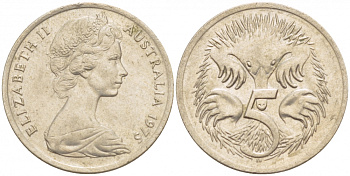 АВСТРАЛИЯ 5 ЦЕНТОВ 1975 ЕЛИЗАВЕТА II, МОЛОДОЙ ПОРТРЕТ, ЕХИДНА KM 64 медно-никель 4532-558