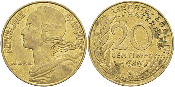 Франция 20 сантимов 1986 тип Marianne KM 930, Le Franc 156.26 медь алюминий никель 4513-424