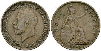Великобритания 1/2 пенни 1929 Георг V (1910-1936) KM 837 Spink 4058 бронза 4577-1117