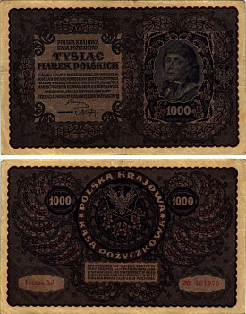 ПОЛЬША 1000 МАРОК 1919 23 АВГУСТА 1919, ТРЕТИЙ ВЫПУСК, ПОРТРЕТ КОСТЮШКО Pick 29 бумага VF-XF 2192-93-1