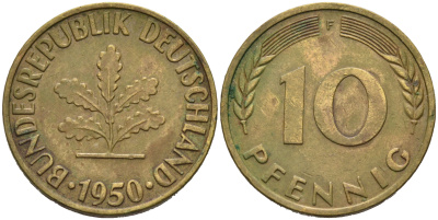 ФРГ 10 пфеннигов 1950 F KM 108, J.383 сталь плакированная латунью 4681-1123