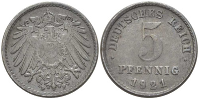 ГЕРМАНИЯ 5 ПФЕННИГОВ 1921 F KM 19, J. 297, Weege 5 железо 206-743