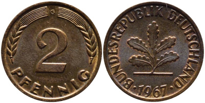 ФРГ 2 ПФЕННИГА 1967 G KM 106, Jager 381 бронза 4546-945