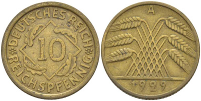 ГЕРМАНИЯ 10 РЕЙХСПФЕННИГОВ 1929 A KM 40, J. 317, Weege 9 алюминиевая бронза 210-355